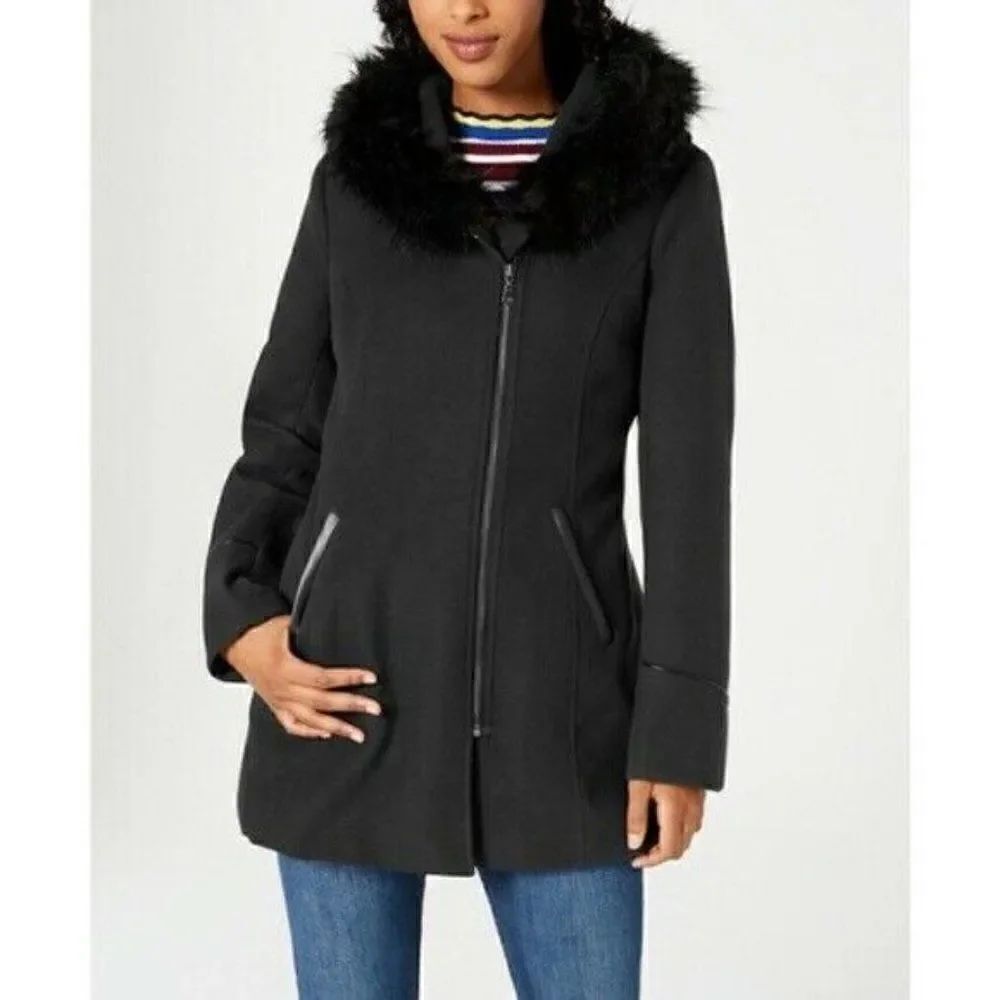 Maralyn Me Juniors Faux-Fur-Trim Hooded Asymmetrical Charcoal Coat Small NWT